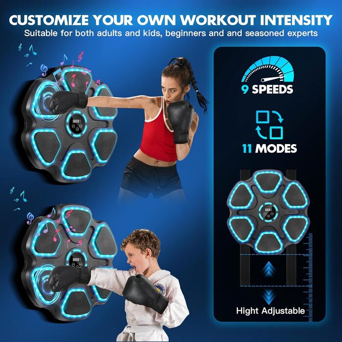 Музична боксерська машина для дорослих та дітей, настінна Bluetooth боксерська машина з музикою та боксерськими рукавичками, LED електронна боксерська машина з 11 режимами та 9 швидкостями