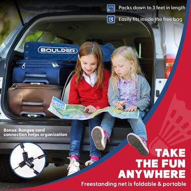 Набір для бадмінтону Boulder Portable - для тенісу, софт-тенісу, піклбол, дитячий волейбол. Легкий монтаж, нейлонова сітка з опорами (синьо-червоний, 5.18 м)