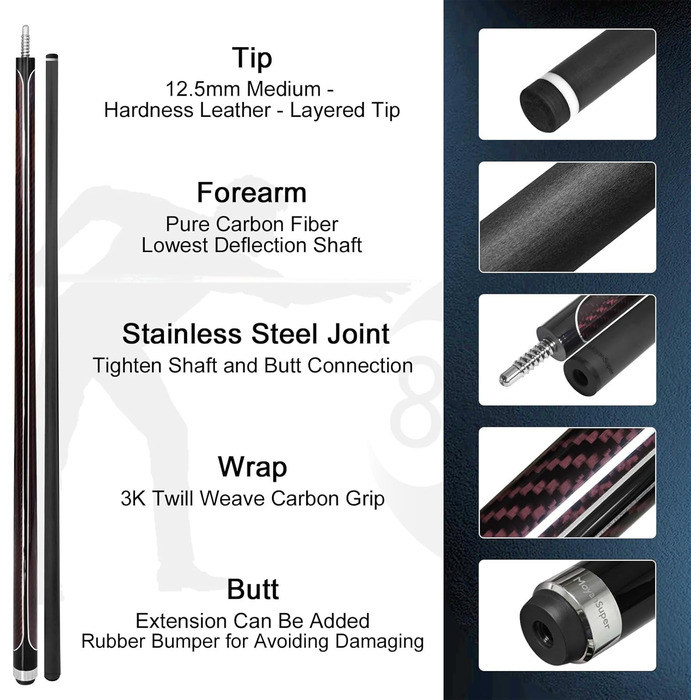 Професійний більярдний кий Billardqueue з карбону, низький кут відхилення, з кейсом та аксесуарами, 12.5 мм наконечник, 147.3 см, 567-595 г