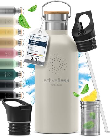 Фляга для води з нержавіючої сталі з трубочкою та інфузером, 3 кришки: BPA-free, не протікає, підходить для газованої води - 950 мл, Cream White, бамбук