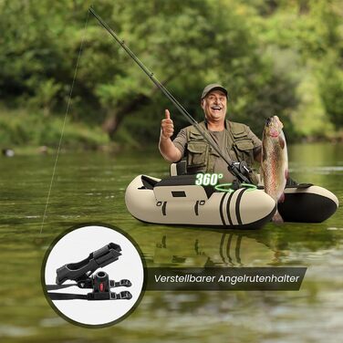 Надувний човен для рибалки HOMASIS Belly Boat з помпою, підставкою для вудок та регульованою спинкою, алюмінієвим веслом та плавцями, навантаження до 160 кг, 136 x 105 x 54 см, бежевий