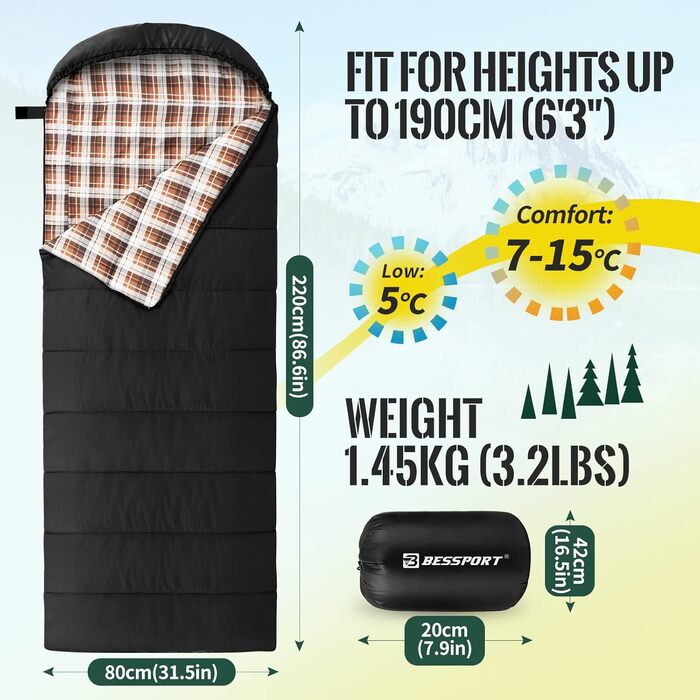 Сплячий мішок Bessport зимовий для дорослих, 3-4 сезони, легкий, ультралегкий, компактний, водонепроникний, для кемпінгу, трекінгу та подорожей (чорний)