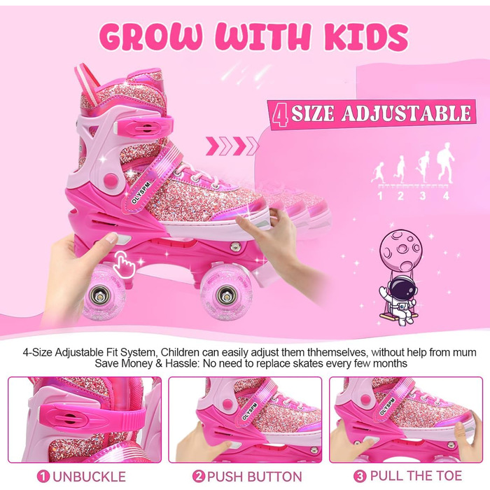 Ролики для дівчаток, 4 розміри, світловідбиваючі, ролики з підсвічуванням, для початківців, подарунок на Новий рік та день народження, S (EU28-31), рожеві