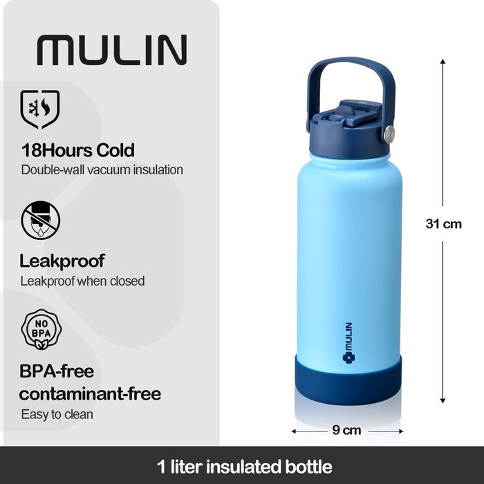 Термос-бутилка MULIN з нержавіючої сталі 1л, BPA Free, із трубочкою, для газованої води, герметична пляшка для дітей, спорту та фітнесу