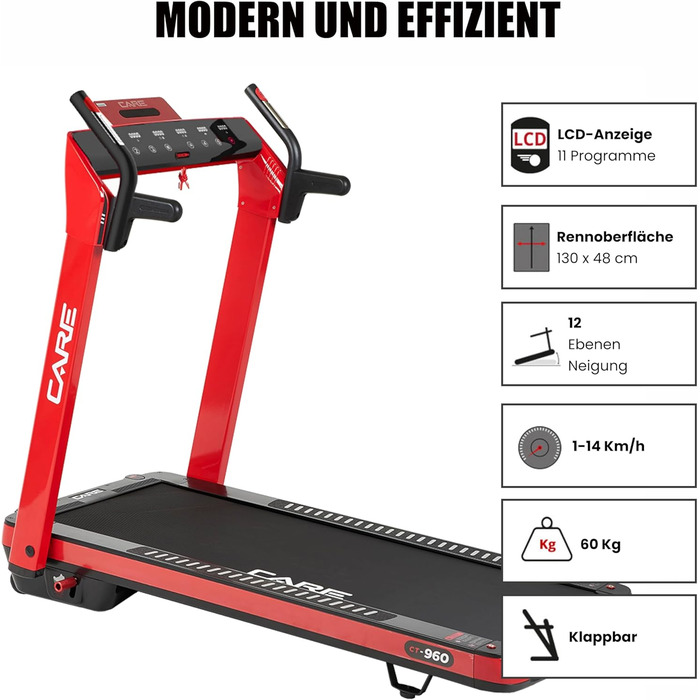 Бігова доріжка Care Fitness з мотором, складана, електрична, з моторизованим нахилом, LCD-дисплеєм і підтримкою додатка Kinomap для дому
