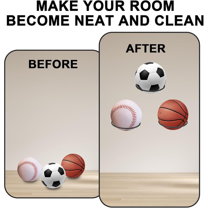 Настінна підставка для м'ячів - 4 шт. - Метал, чорний - для баскетболу, волейболу, футболу, регбі