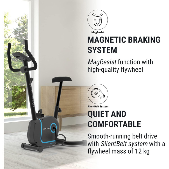 Велотренажер KLAR FIT Myon Cycle з маховиком 12 кг, ремінний привід SilentBelt, 8 рівнів навантаження, вимірювач пульсу, регульована висота сидіння, підставка для планшета, білий (чорний)