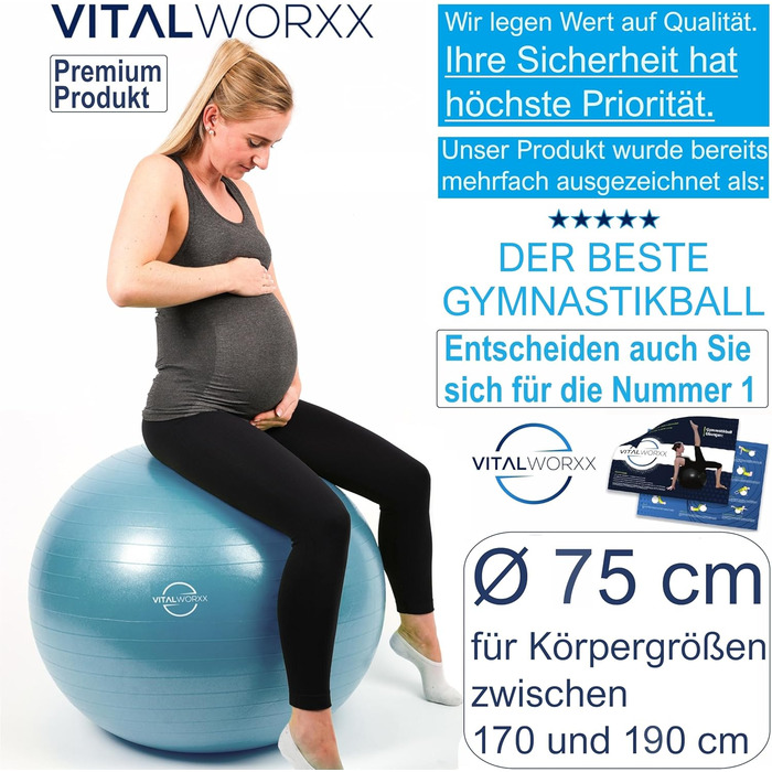 Гімнастичний м'яч VITALWORXX для вагітних 65 см, синій, з насосом та вправами, стійкий фітбол для йоги, здоров'я та пологів