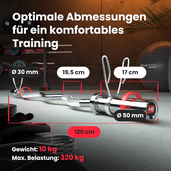 Штанга Hop-Sport Olympia 50 мм: гриф 165 см, SZ-гриф 120 см, супер SZ-гриф 120 см, гантельний гриф 50 см, хромована, рифлена, з пружинними замками