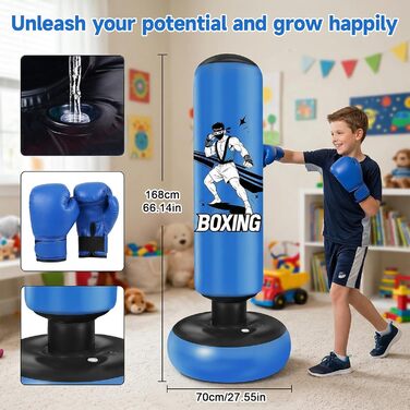Боксерський мішок надувний для дітей 168 см з рукавичками та насосом, блакитний, з мотивом бійця, для дому, 5-12 років, для Karate та Taekwondo
