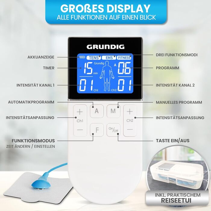 GRUNDIG Пристрій TENS для терапії болю, електростимулятор з 50 програмами та 16 рівнів інтенсивності - 3в1, EMS, акумуляторний, для розслаблення м'язів