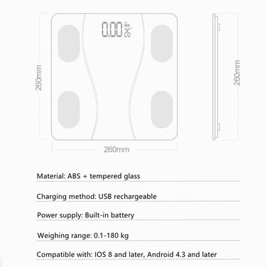 Цифрова вага для тіла з Wi-Fi та Bluetooth, вимірювання жиру, USB-зарядка, чорний колір