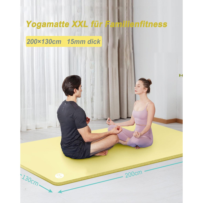 Йога мат RYTMAT XXL 200x130 см: фітнес мат для йоги, фітнесу, занять з дітьми та для людей похилого віку (10/15/20 мм, бірюзовий/жовтий)