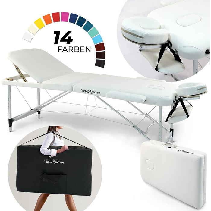 Масажний стіл VENDOMNIA з алюмінієвим каркасом, 3 зони, регулювання висоти, з високоякісною підголівником, сумкою, підлокітниками, білий, складний