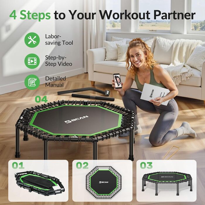 Трамплін для фітнесу BCAN, діаметр 102/122/130 см, з пружинами/ bungee-шнурами, для дорослих до 250 кг, з регульованими ручками, тихий та з низькою вібрацією, зелений/чорний