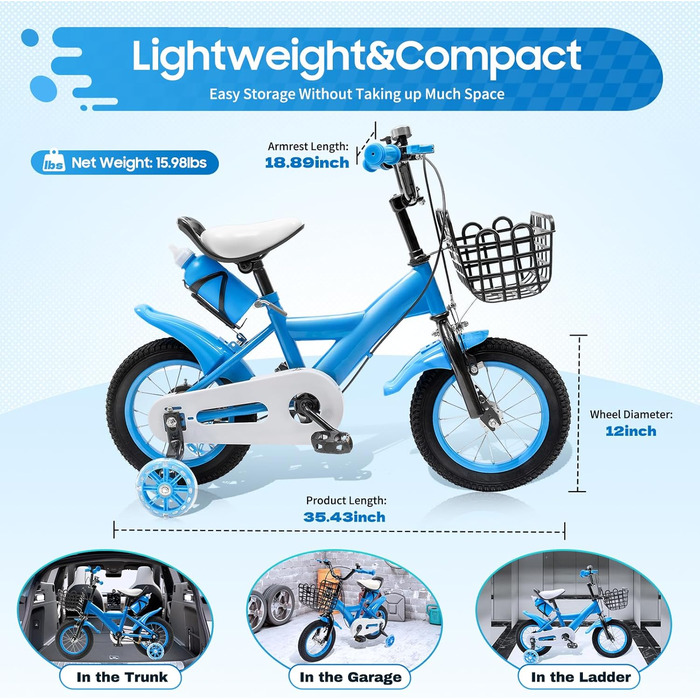 Дитяче велосипед 12 дюймів для дівчаток та підлітків, 3-6 років, з кошиком (блакитний)