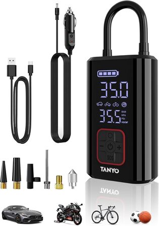 Електричний компресор TANYO 150PSI, акумуляторний насос 12В з цифровим манометром і LED, портативний для авто, мотоцикла, велосипеда, м’ячів