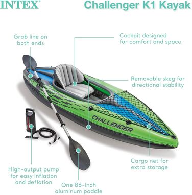 Надувне каяк Intex Challenger K1: безпечний та зручний для відпочинку, 274 x 76 x 33 см, зелено-блакитний, комплект з веслом та насосом