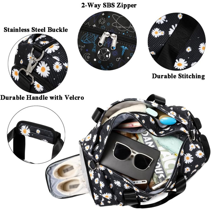 Спортивна сумка для дівчаток Kord з ромашками, 25L, чорна: для школи, танців, тренувань. З водонепроникним відділенням та відсіком для взуття.