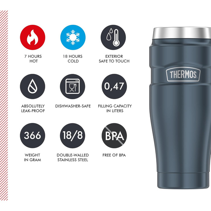 Термос STAINLESS KING з нержавіючої сталі, блакитний, 0,47л - термокружка Coffee to Go, абсолютно герметична, придатна для миття в посудомийній машині, 7 год гаряча & 18 год холодна, з гачком для пакетиків чаю, без BPA (Ice Grey Polished)