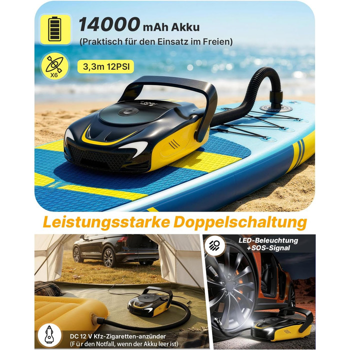 Насос електричний для SUP дошки з акумулятором 50PSI: помпа для накачування SUP, каяка, повітряних куль, матраців з LED-підсвіткою