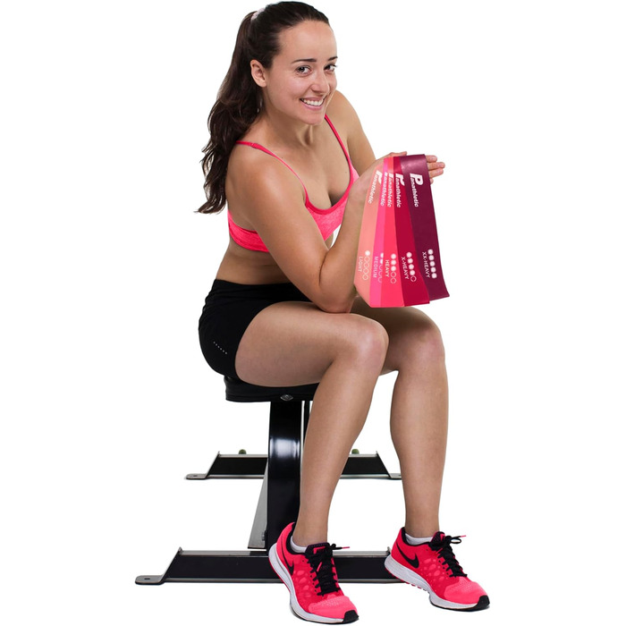 Фітнес-гумки Panathletic, набір 5 шт. – різні рівні опору, інструкція, eBook, сумка – 5 фітнес-гумок, гімнастичний еспандер, стрічка опору чорний, червоний, жовтий, синій, зелений (рожевий)