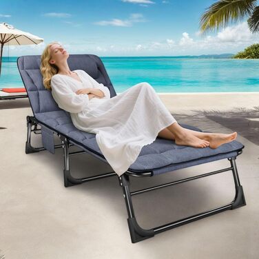 Розкладне шезлонг з регульованою спинкою в 4 положеннях, портативний багатофункціональний лежак для кемпінгу, саду, басейну, патіо - блакитний, з м'яким матрацом та подушкою