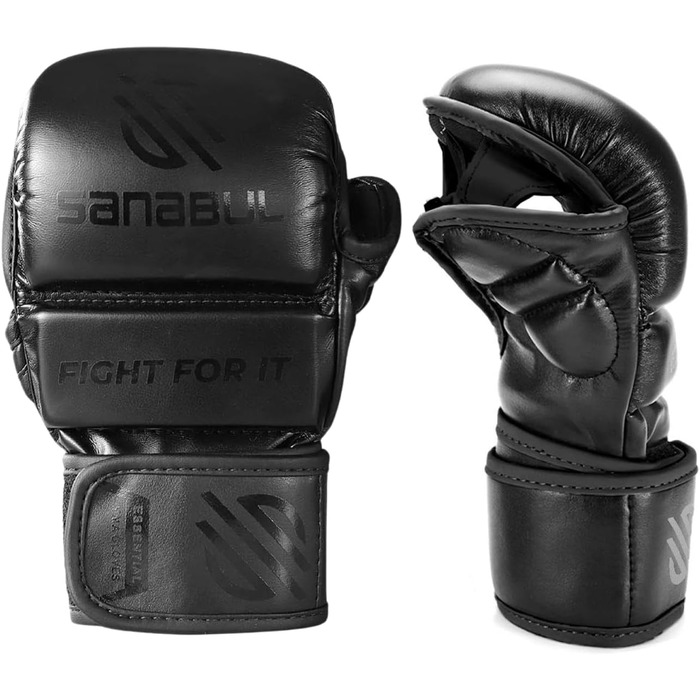 Рукавички для MMA Sanabul Essential 7oz | Тренувальні рукавички для змішаних єдиноборств | Гібридні спарингові рукавички (Чорні, S/M)