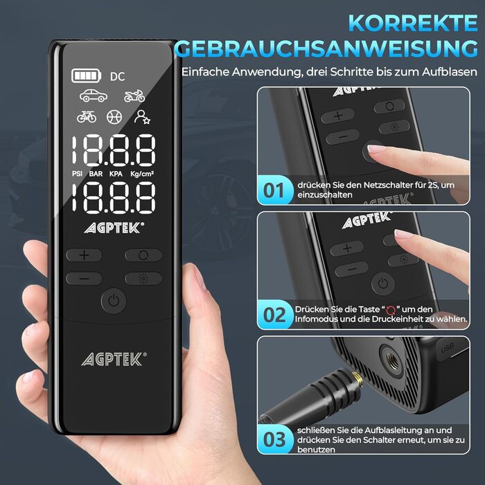 AGPTEK електричний насос-компресор 150PSI 75000mAh 12В з LCD-дисплеєм, LED-підсвіткою, для шин авто, велосипедів, мотоциклів і м'ячів