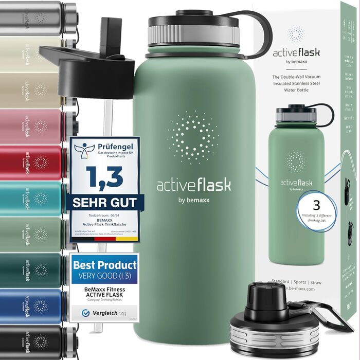 Термос-пляшка з нержавіючої сталі ACTIVE FLASK 950 мл із соломинкою, 3 кришки, без BPA, герметична, для газованих напоїв, для води, спорту, велосипеда, чаю, для дітей, ізоляція, Sage