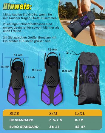 Ласти для плавання Schnorchelflossen L-XL (Темно-лілові) - регульовані, дорослі/дитячі, унісекс, з сітчастим чохлом