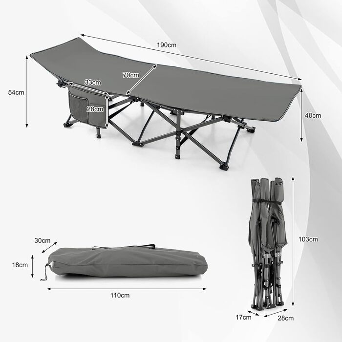 GYMAX Складне кемпінгове ліжко 185 x 67 x 54 см, вантажопідйомність 270 кг, з кишенею, у комплекті сумка, зелений (сірий)