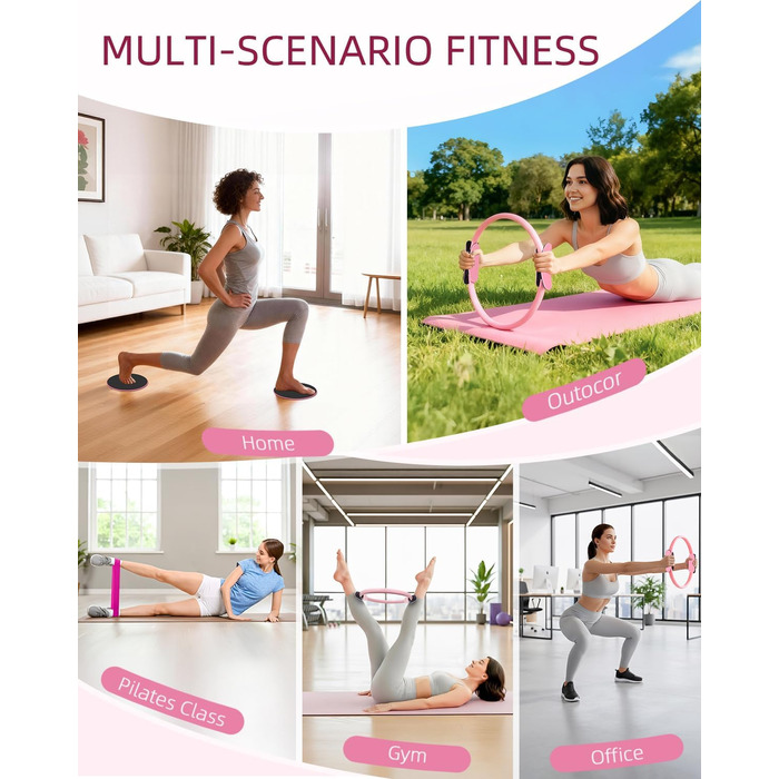 Набір для пілатесу Abahub: кільце 35 см, м'яч 25 см, 5 еластичних стрічок, шкарпетки для йоги, ковзаючі диски. Для жінок, домашні тренування, сила, гнучкість, стабільність та підтяжка тіла. Рожевий