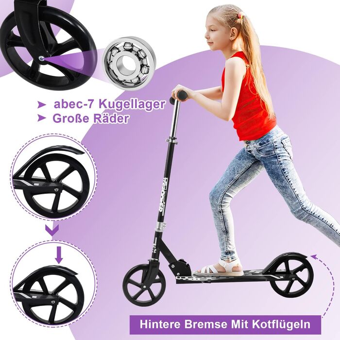 Самокат Cecaylie Cityroller з великими колесами, складаний, регульований по висоті, для дітей і дорослих, заднє гальмо, ремінь для перенесення, до 100 кг