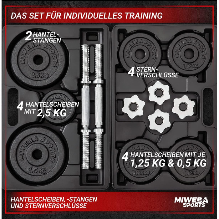 Гантелі Miweba Sports MKH120 20 кг з кейсом, чавунні, для жінок і чоловіків, ергономічна ручка