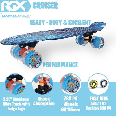 Скейтборд WeLLIFE Mini Cruiser 22 дюйми з LED колесами, PU 78A, ABEC-7, для дітей, підлітків і дорослих