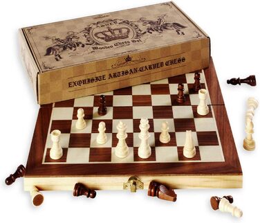 ASNEY Шахи магнітні дерев'яні, 12'x12', з розкладним полем, кейс та фігури для короля та королеви