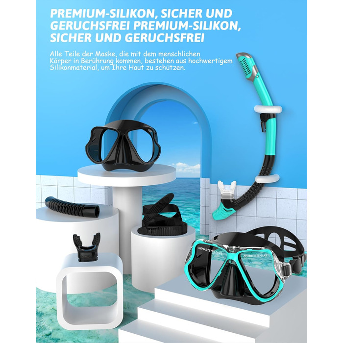 Schnorchel Set для дорослих QcoQce: сухий сноркeль, маска з жорсткого скла, панорамний огляд, антизапар, антивитік