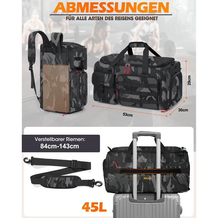 Спортивна сумка RAINSMORE 3-в-1 для чоловіків 45L: рюкзак, сумка для подорожей, фітнес-сумка з відділенням для взуття та ноутбука (сірий камуфляж)