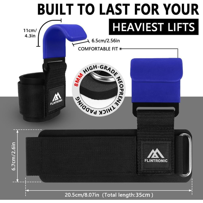 Набори для тяги Flintronic Power: допоміжні тренажери для силових тренувань, шкіряні, з неопреновим наповнювачем 8 мм та бавовни. Підходять для бодібілдингу, важкої атлетики, силових та фітнес-тренувань (блакитні, 2 шт.)