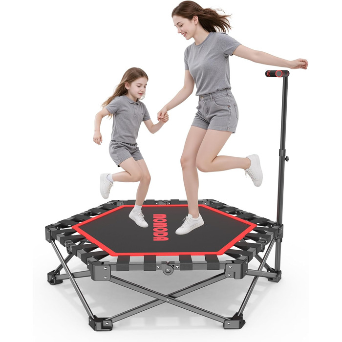 MOMODA Складний батут для фітнесу в приміщенні з ручкою, діаметр 106 см, червоний, для дітей та дорослих