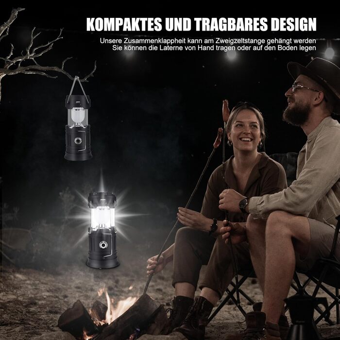 Сонячна кемпінгова лампа EXTRASTAR: LED ліхтар 5W, 2-в-1 (ліхтар + ліхтар для намету), USB/Сонячна/Акумуляторна, водонепроникна, для відпочинку на природі, риболовлі, кемпінгу та походів