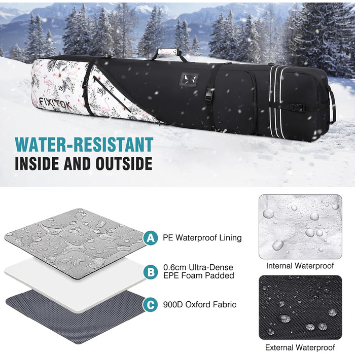 Чохол для сноуборду Flamingo з регульованою довжиною (157-181 см), водонепроникний, з повним захистом для борду, черевиків, одягу, шолому та спорядження