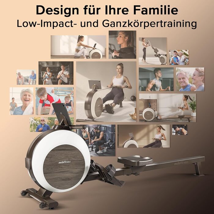 MOBI FITNESS: Горизонтальний тренажер для дому з магнітним опором, 40 рівнів, максимальне навантаження 160 кг, LED-дисплей (сумісний з Apple Watch)