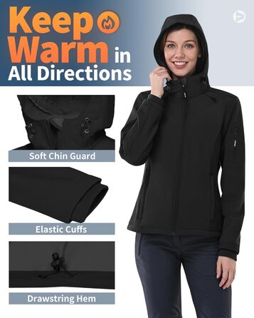 Жіноча водонепроникна мембранна куртка Outdoor Ventures Softshell — дихаюча вітрозахисна функціональна куртка з капюшоном, XL, чорна