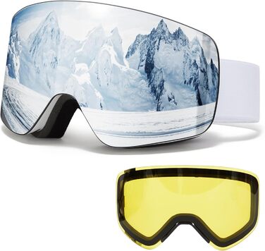 Окуляри для сноуборду та гірськолижного спорту VCOROS OTG Unisex, YH227 з антитуманним покриттям та захистом від УФ-випромінювання, срібно-білі, VLT13%