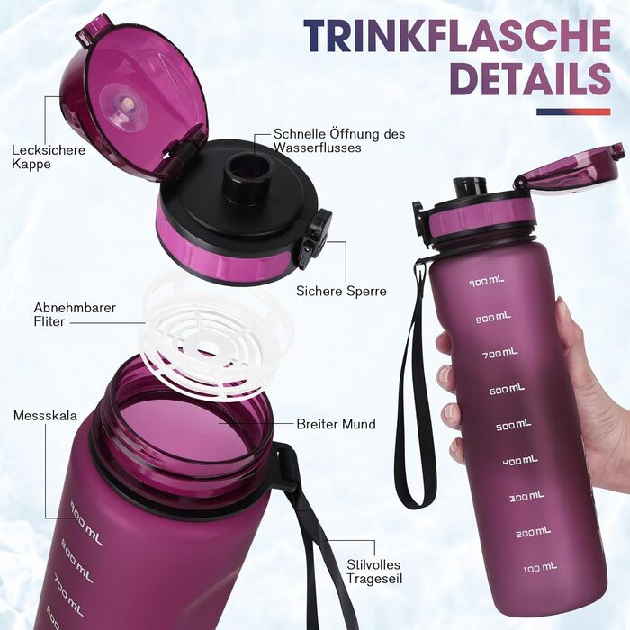 Спортивна пляшка для води 1л, витокозахисна, без BPA, з мірною шкалою, для активного відпочинку, школи, кемпінгу, смарагдово-зелений (фіолетово-червоний)