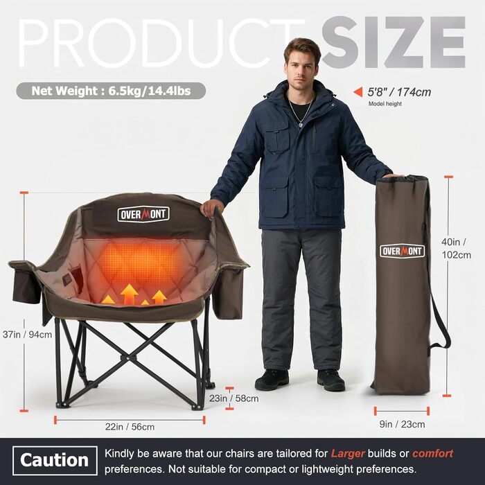 Овермонт Розкладне крісло для кемпінгу з підігрівом XL для дорослих – ідеально для зимових походів, риболовлі (Хакі)