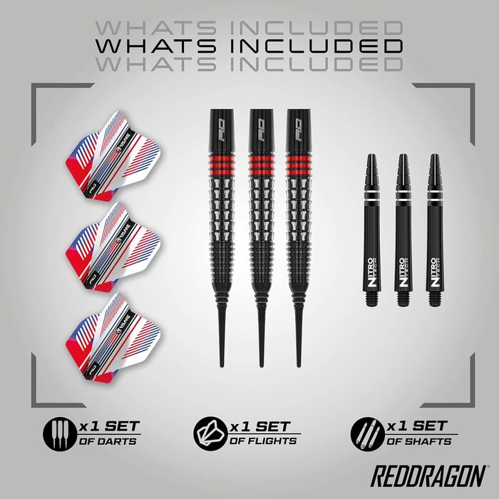 Дротики Red Dragon Vengeance Premium Wolfram Softip 20 г з оперенням і стрижнями