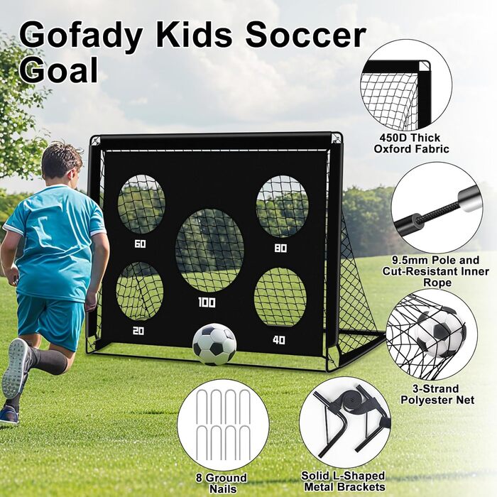 Дитячі ворота для футболу 2-в-1, 150x120 см, портативні та стабільні, 5 цілей, 4 анкера, сумка, для саду, парку, пляжу, чорний